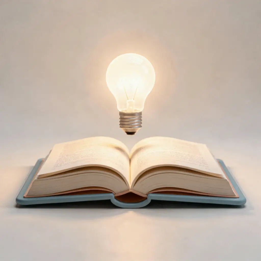 Light bulb glowing above an open book, symbolizing insight and intentional planning for academic language development