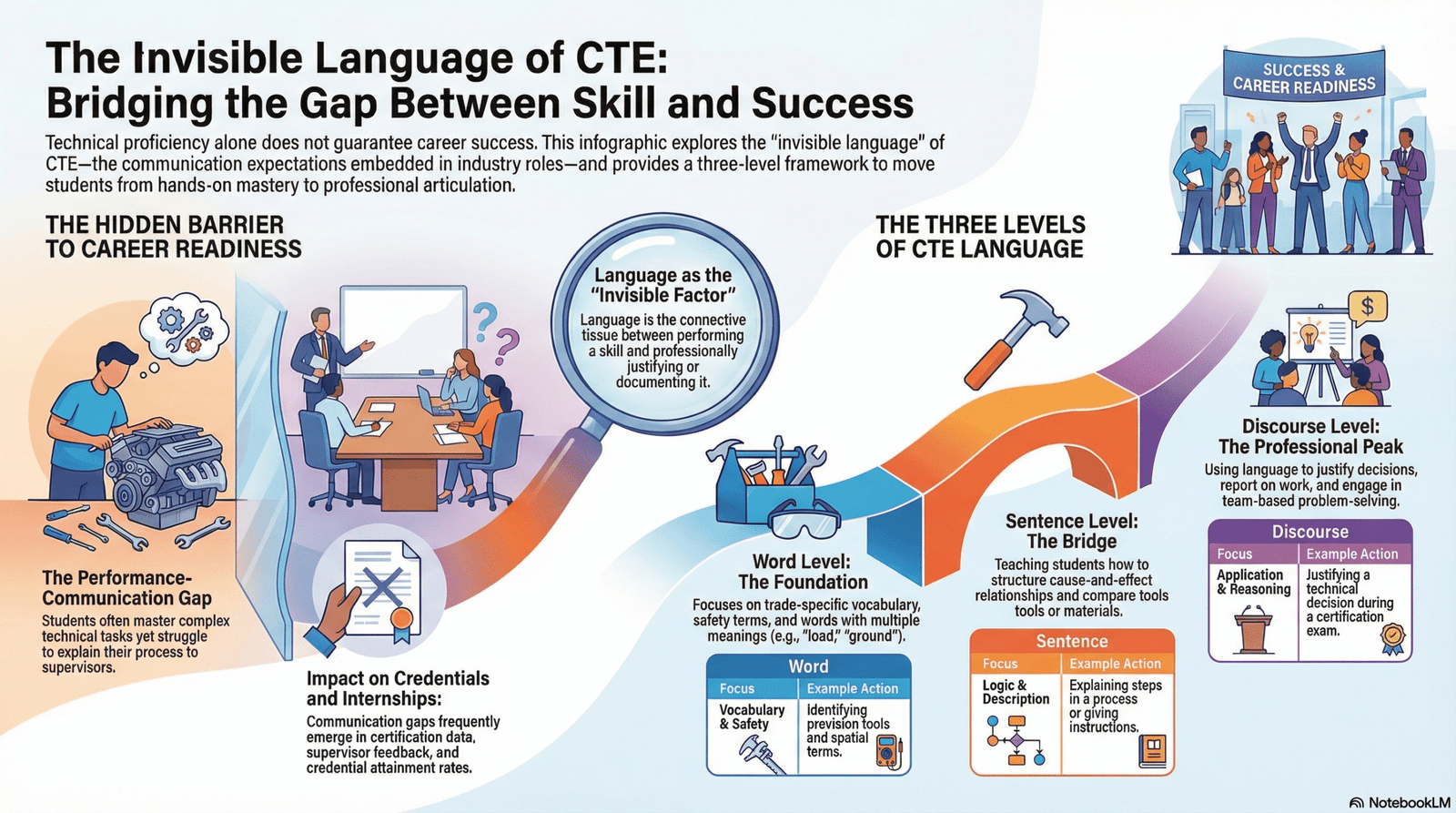 Infographic titled “The Invisible Language of CTE” illustrating how word, sentence, and discourse-level language demands connect technical skills to career success